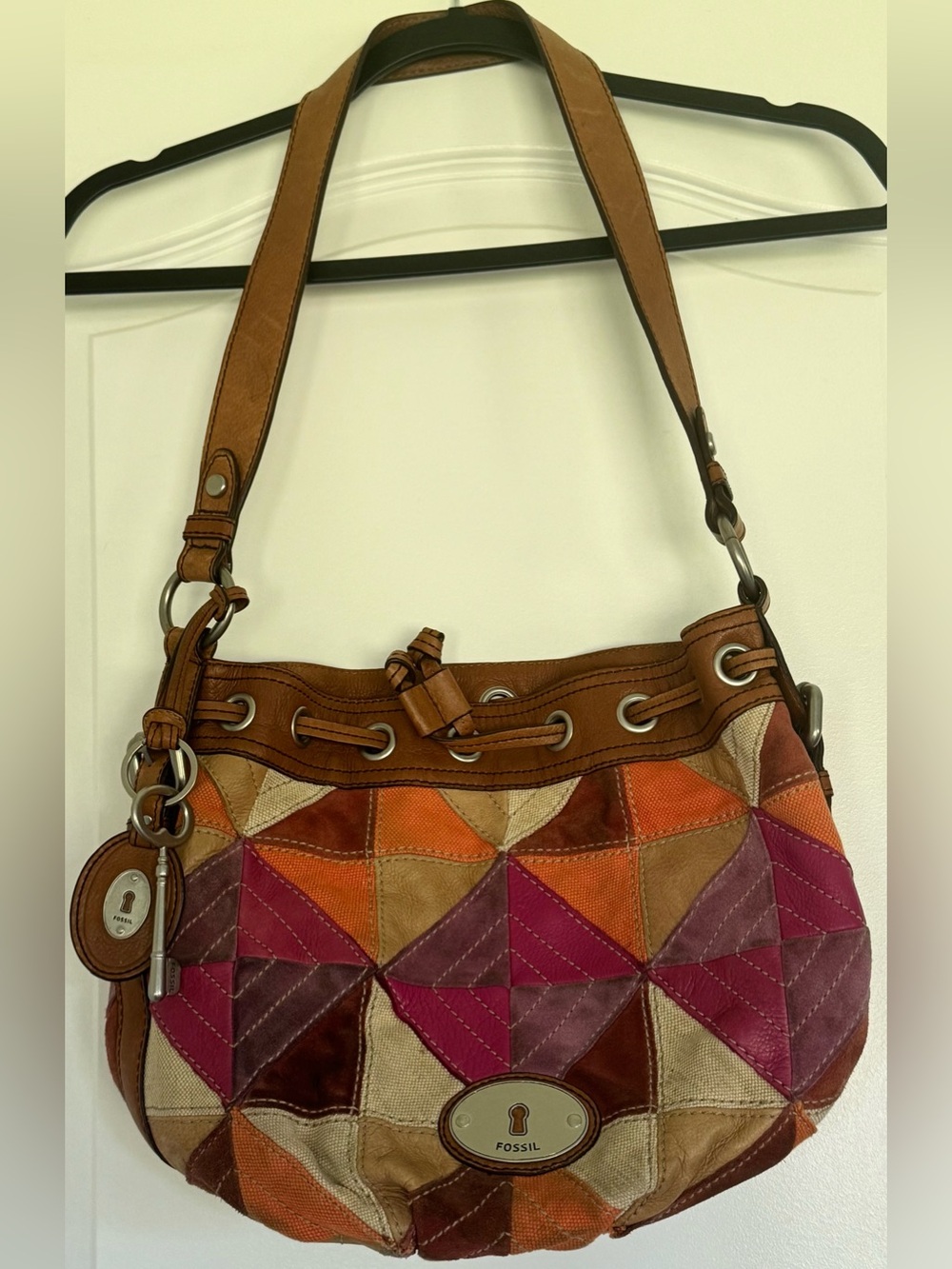Fossil Patchwork Leather Canvas Shoulder Bag Boho Purse